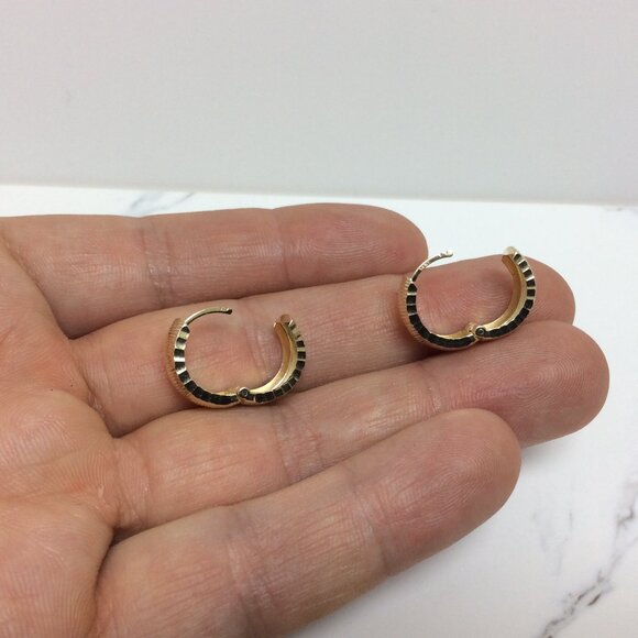 14K YELLOW REAL GOLD Hoop Huggies CLIP ON Straight Diamond cut Earrings 2.50gr - Picture 6 of 8